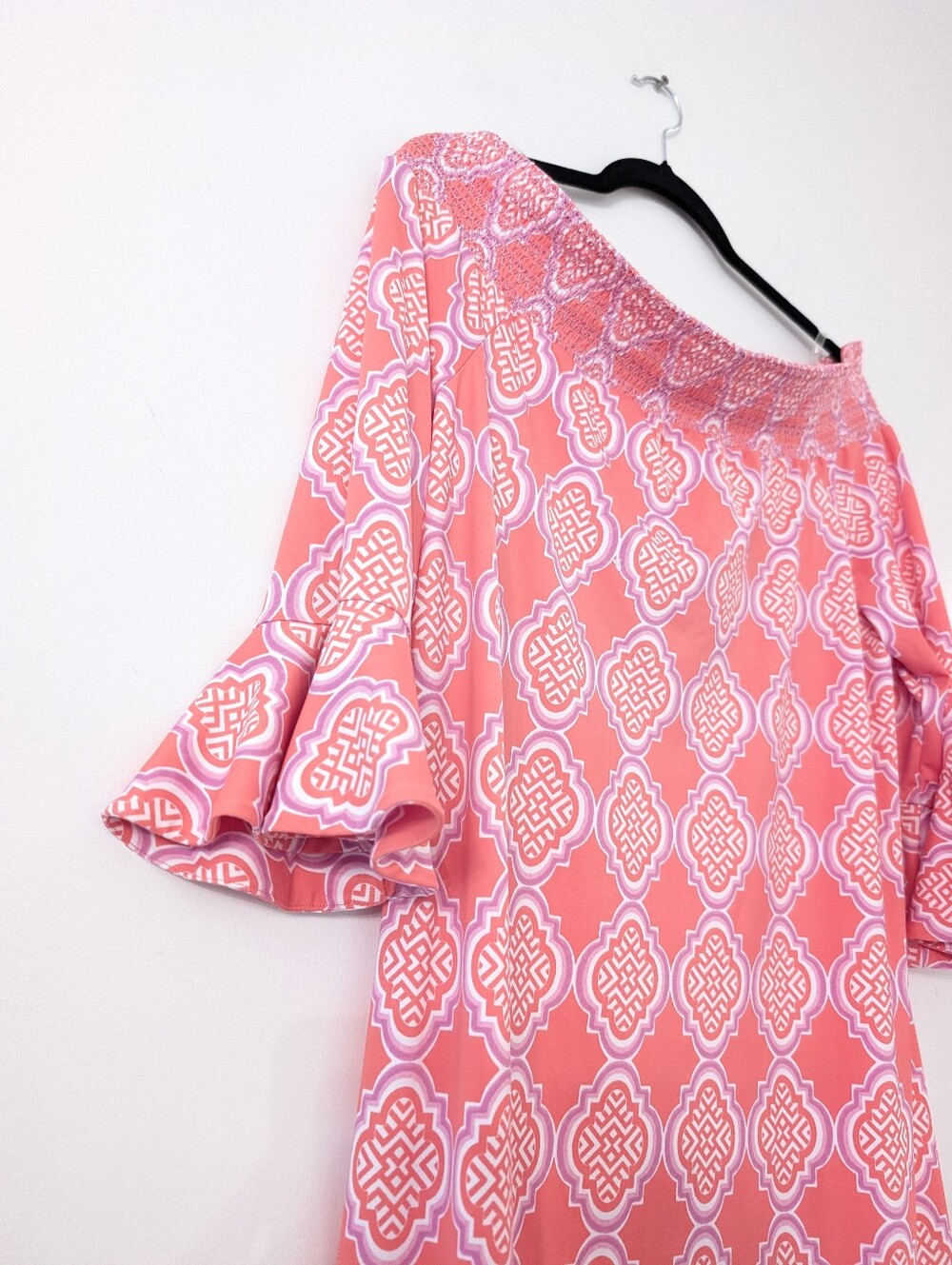 Cabana Life St. Barts Off the Shoulder Dress Coral Geo Coverluxe Smocked Dress - Picture 4 of 7